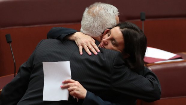 Jacqui Lambie was embraced by Senator Doug Cameron.