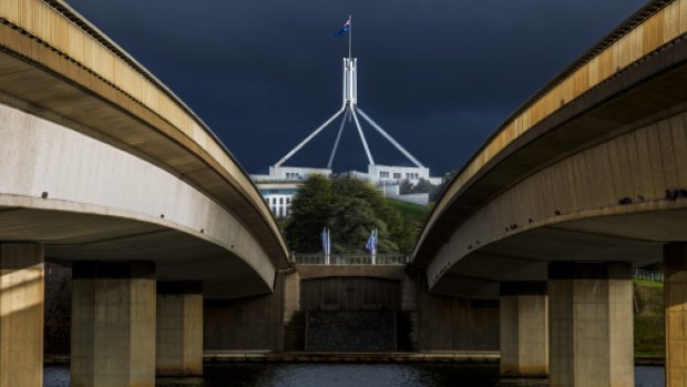 Parliament House from Commonwealth Avenue Bridge. The National Capital Authority could force the ACT government to realign its light rail route to Woden away from the bridge because of its nationally significant vista. 
