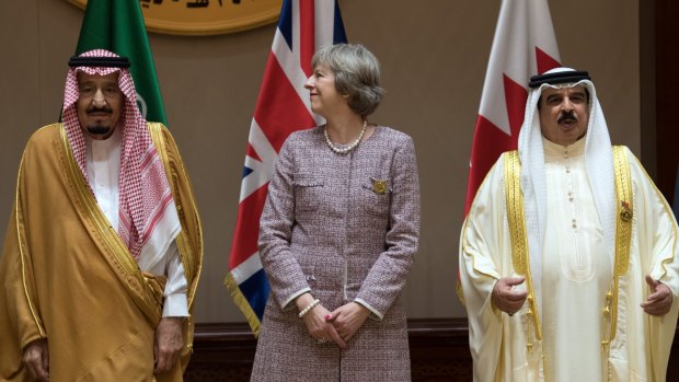 British Prime Minister Theresa May is flanked by King Salman of Saudi Arabia (left) and King Hamad of Bahrain after she was invited to attend a meeting of the Gulf Co-operation Council in Bahrain in December last year.
