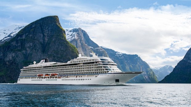 Viking Star cruises through the fjords near in Norway.