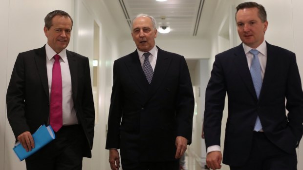 No more speculation: Bill Shorten with Paul Keating and Chris Bowen. 
