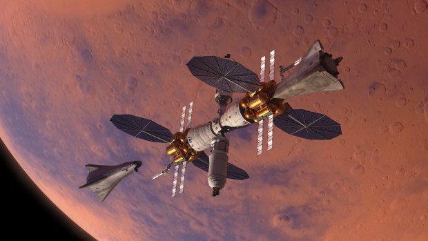 An illustration of the Mars Base Camp, with surface lander following.