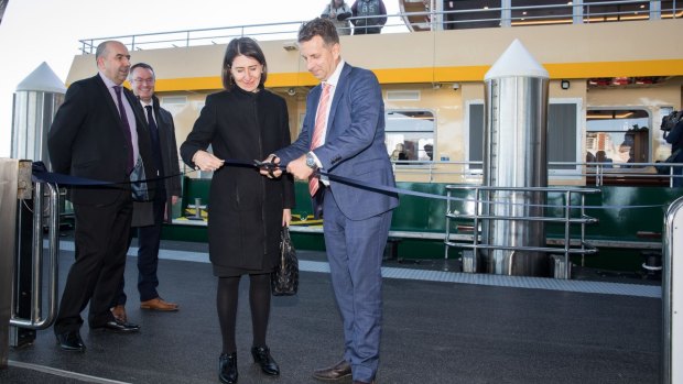 Premier Gladys Berejiklian and Transport Minister Andrew Constance at the opening of the Barangaroo ferry wharves. 