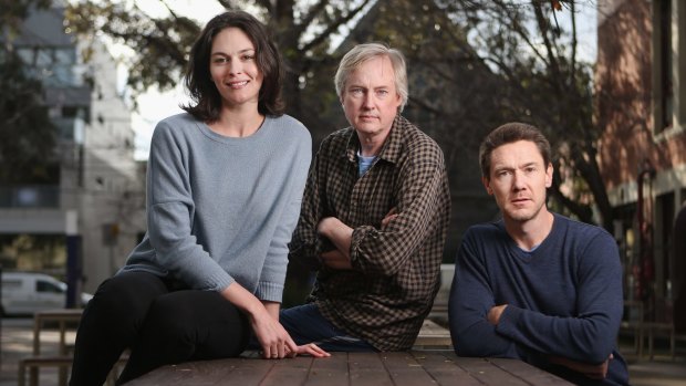Director of <i>Dead Centre</i> and <i>Sea Wall</i> Julian Meyrick is flanked by actors Rosie Lockhart and Ben Prendergast.