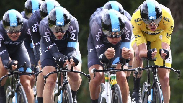 Behind Froomey: Team Sky power yellow jersey holder Chris Froome to second place in the team time trial.