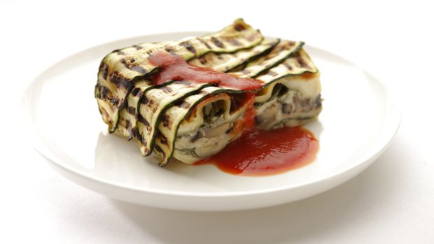 A mushroom and grilled zucchini lasagna with tomato sauce was on the 2014 Qantas Business Class menu.