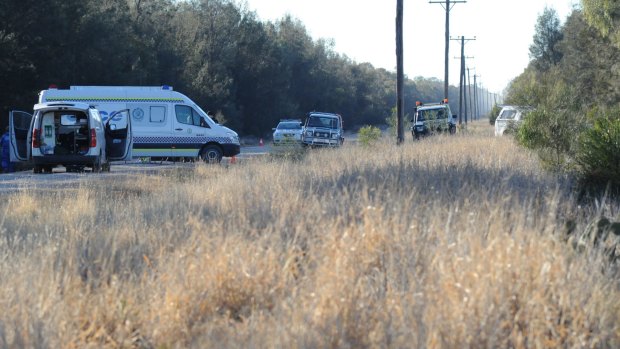 Police block off the road at Talga Lane on the Newell Highway at Croppa Creek.
