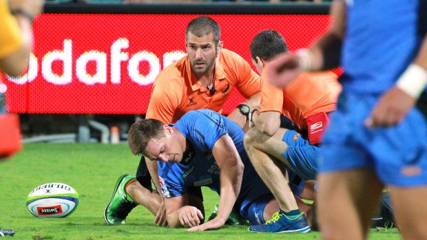 Dane Haylett-Petty of the Western Force is injured during the round nine Super Rugby match between the Force and the Chiefs at nib Stadium.
