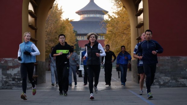 Julie Bishop on an early morning run at the Temple of Heaven in Beijing