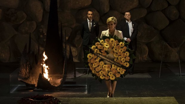 The Foreign Minister of Australia Julie Bishop lays a wreath during a ceremony at the Hall of Remembrance at Yad Vashem Holocaust Museum in Jerusalem.