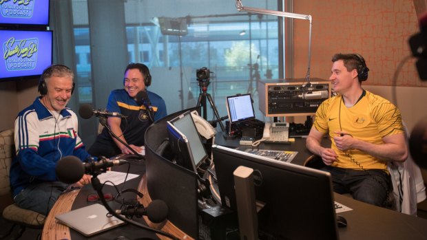 Santo Cilauro (left), Sam Pang and Ed Kavalee put together a soccer podcast.