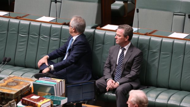 Malcolm Turnbull and Christopher Pyne listen to Warren Entsch introduce the private member's bill on marriage equality.