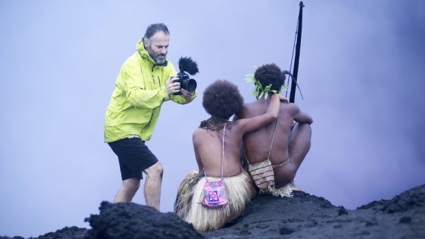 Bentley Dean films Marie Wawa and Mungau Dain for <i>Tanna</i>.