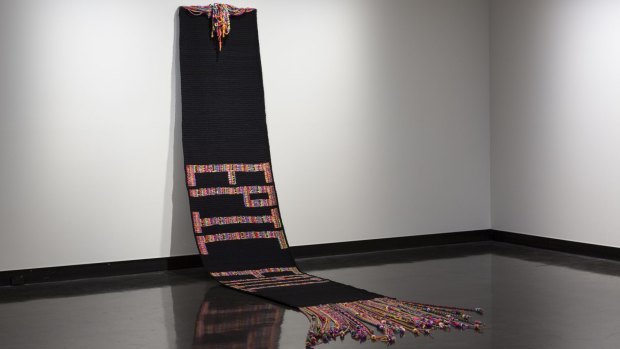 Installation view of Alice Lang's large woollen work Epic Fail at the Counihan Gallery as part of Is This Thing On?

