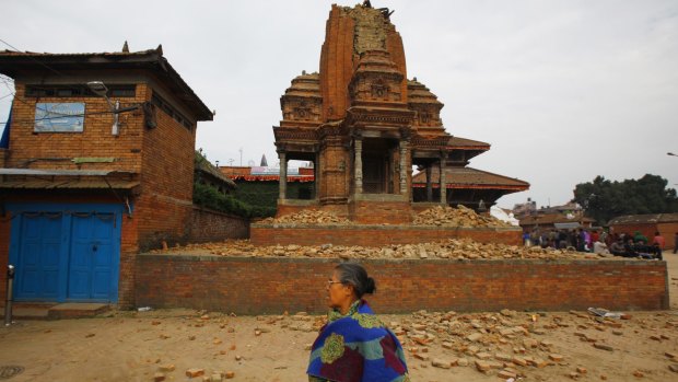 A collapsed temple in Kathmandu after a huge earthquake struck on Saturday.