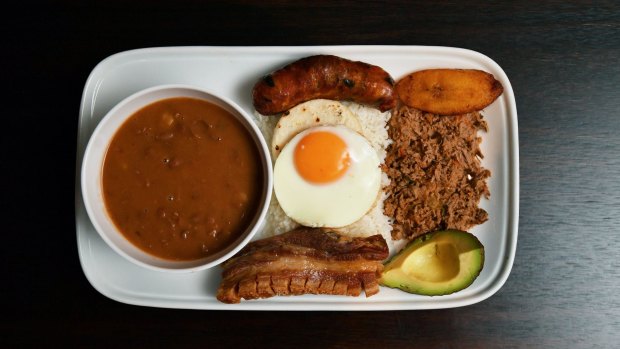 Bandeja paisa (a platter with beans, rice, meats and egg).