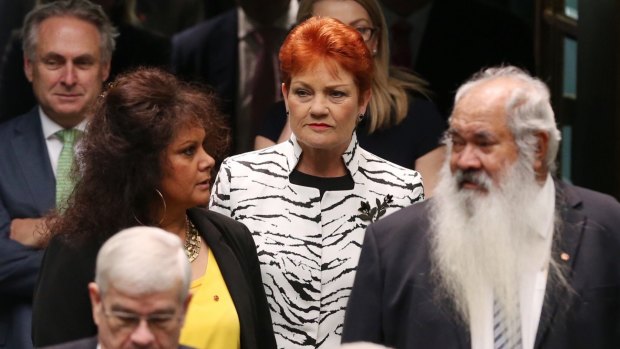 Pauline Hanson enters the House of Representatives with fellow senators last month.