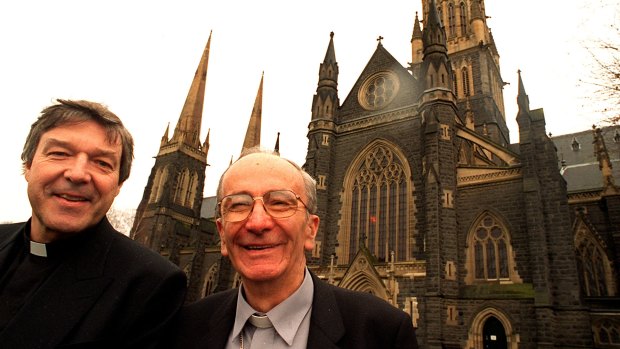 Incoming Archbishop of Melbourne George Pell with his predecessor Frank Little in 1996.
