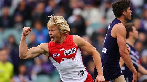 Isaac attack: Swans' Heeney celebrates a goal against Fremantle.