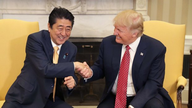 President Donald Trump with Japanese Prime Minister Shinzo Abe in Washington. 