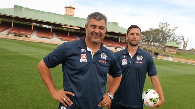 Home away from home: Mariners coach Phil Moss and captain John Hutchinson at North Sydney Oval on Thursday.
