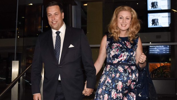 Jason Falinski leaves Dee Why RSL with his wife after defeating Bronwyn Bishop in the Liberal pre-selection ballot for the seat of Mackellar.