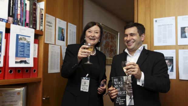 Authors Kate McClymont and Linton Besser in Eddie Obeid's old office at Parliament House   at the launch of their book. 