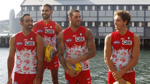 Proud Swans: Sydney's Adam Goodes, Lewis Jetta, Lance Franklin and Abaina Davis show off the club's jersey for the Indigenous round.