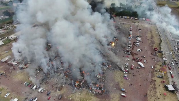 A view from a drone of smoke billowing from the San Pablito market on Tuesday.