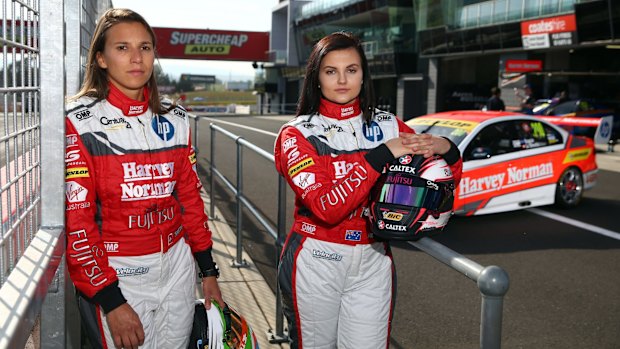 Simona De Silvestro and Renee Gracie, drivers of #200 Harvey Norman Supergirls Falcon, ahead of the Bathurst 1000.