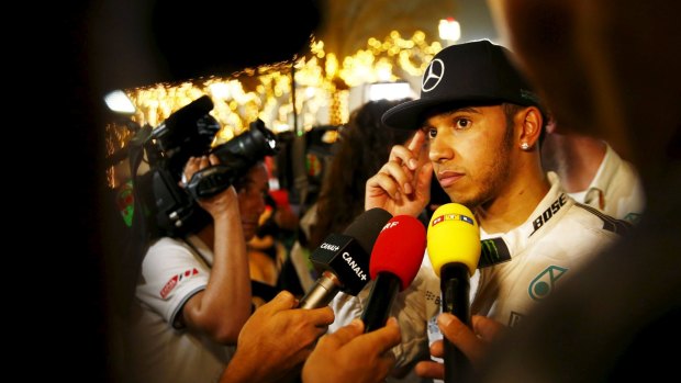 Lewis Hamilton talks to the media during practice
in Bahrain on Friday.