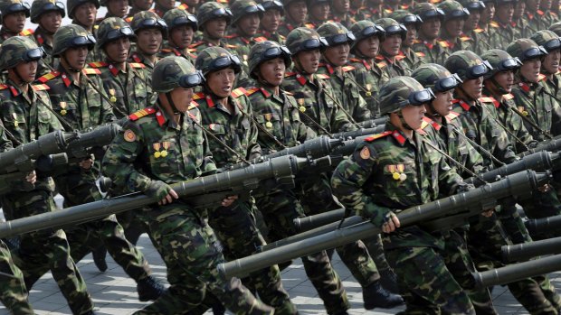 North Korean soldiers carrying rockets march during a military parade to celebrate the 105th birth anniversary of Kim Il-sung in Pyongyang. The country likes to celebrate anniversaries with shows of military might.