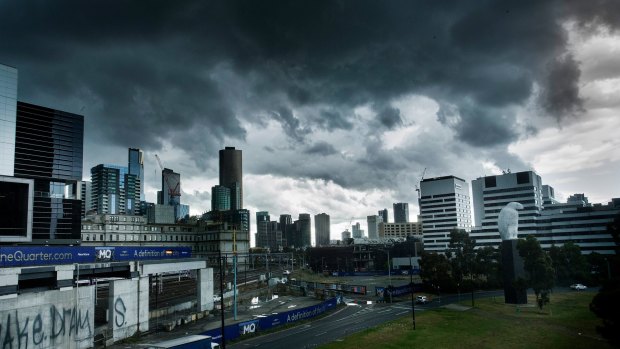 Storm clouds covering the Melbourne CBD.
