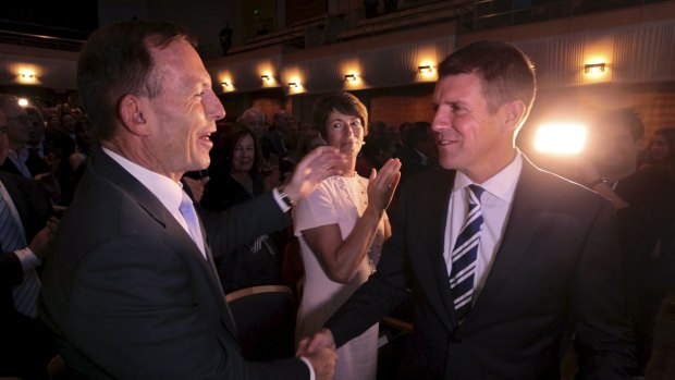 Tony Abbott greets Mike Baird at Sunday's launch.