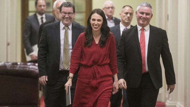 Prime Minister elect Jacinda Ardern arrives at her media conference after it was announced Winston Peters was forming a government with Labour and the Greens .