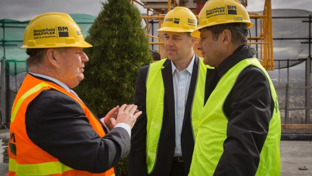 "The proposed development will complement Cbus Property's current and past residential projects in the Melbourne CBD," says Cbus Property CEO Adrian Pozzo, seen here with lord mayor Robert Doyle and Cbus chair Steve Bracks.