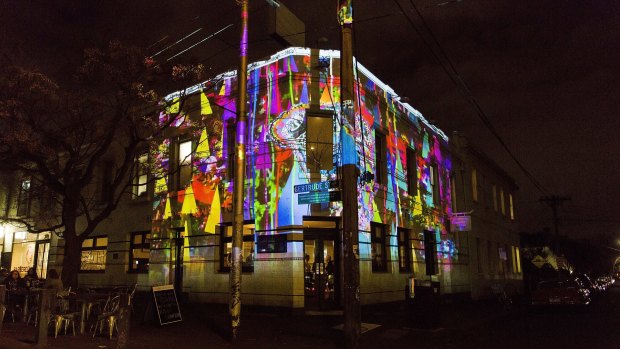 The work of Kate Geck can be seen on the Builders Arms Hotel for the Gertrude Street Projection Festival.