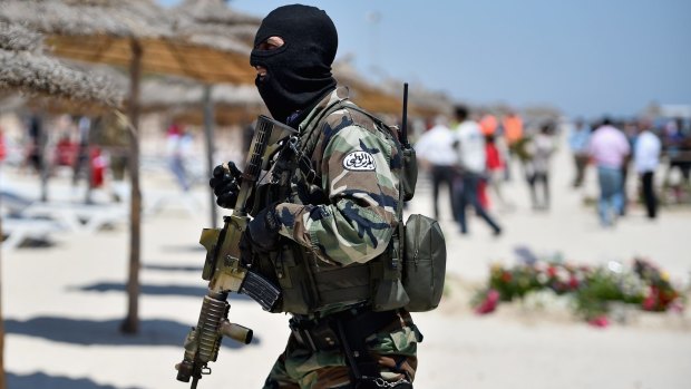 Tunisian armed forces patrol Marhaba beach in Sousse after the June 2015 attack.