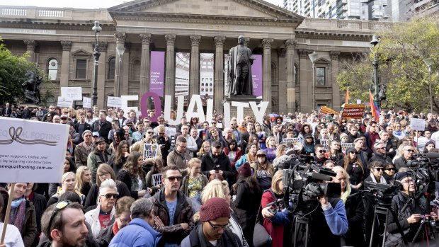 A large crowd at a marriage equality rally in Melbourne in June.