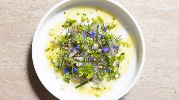 Cured kingfish with sour cream, cucumber, verjuice and sunflower seeds at the French-leaning Her Bar on the ground floor.