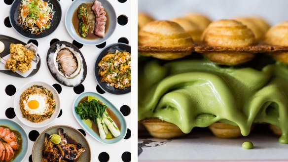 Nikki shoots food on a dotted background to help establish brand identity for dishes from Cho Cho San (left), and goes in close for an oozing matcha waffled dessert for full impact (right). 