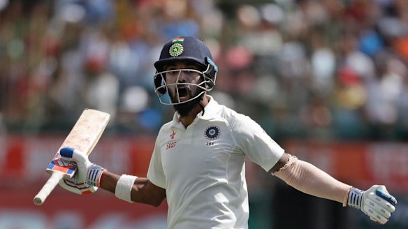 Lokesh Rahul celebrates as India wins the fourth Test. 