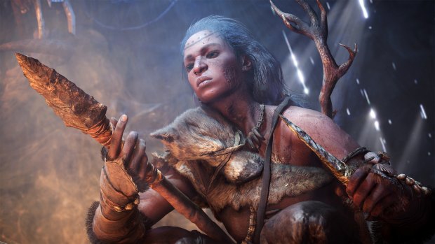 A hunter sharpens her spears in <i>Far Cry Primal</i>.
