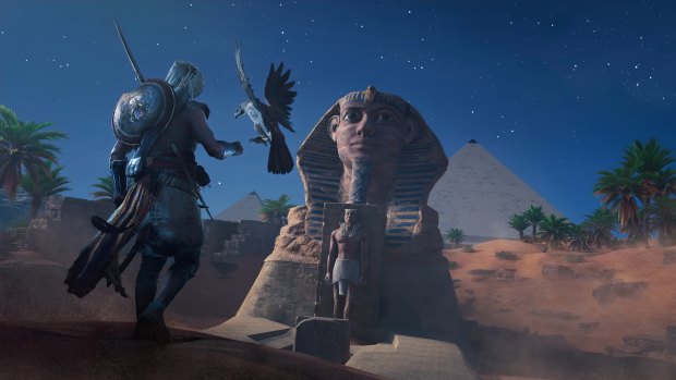 Bayek's bird companion lets you fly over combat zones and objectives to mark enemies and plan attacks.