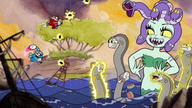 Most bosses are fought on the ground, but occasionally Cuphead takes to the sky in a plane.