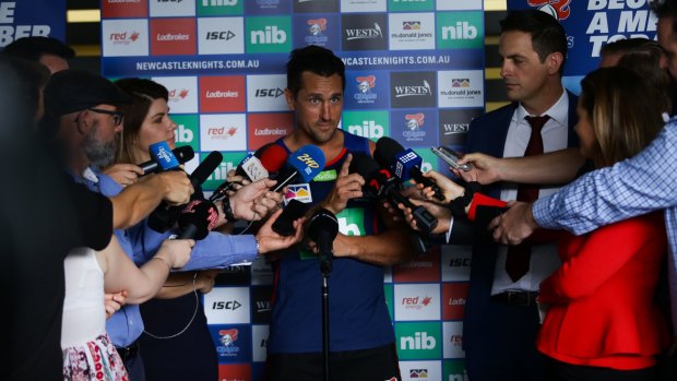 Media scrum: Knights new signing Mitchell Pearce.
