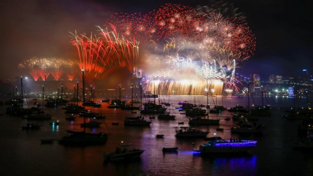 Sydney Harbour awash with colour during the midnight New Year's Eve fireworks.