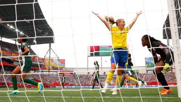 Linda Sembrant of Sweden reacts after scoring the third goal against Nigeria during the FIFA Women's World Cup group D match.
