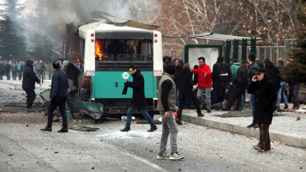 A public bus is burning at the scene of a car bomb attack in central Anatolian city of Kayseri, Turkey.