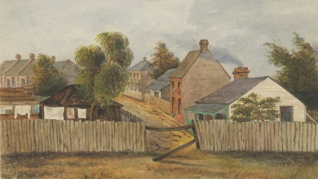 Charles Norton, Unidentified street, possibly Flinders Lane, c 1844-1865, around the time the Royal Horticultural Society Victoria was being founded.